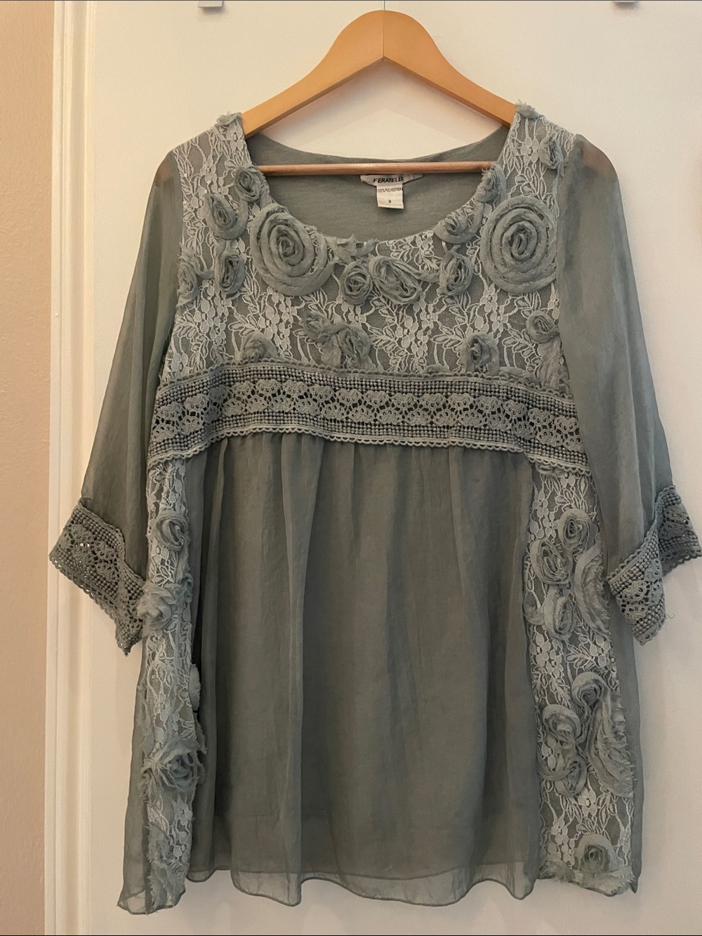 Feratelli Sage Green Lace Accent Women's Blouse